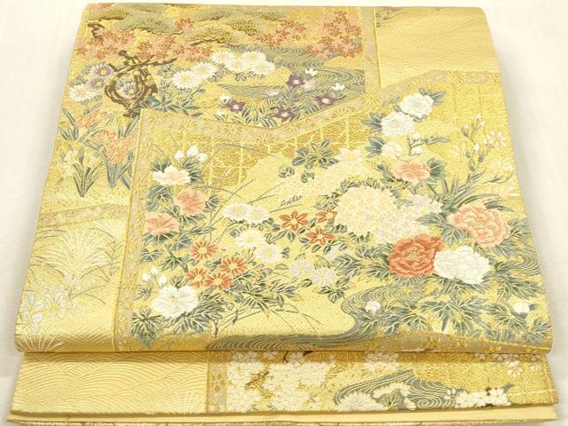 平和屋本店▼六通柄袋帯　唐織　花鳥絵　本金二丁箔　正絹　逸品　DABH0946op