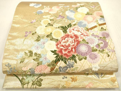 平和屋本店▼六通柄袋帯　唐織　光悦垣草花文　本金箔　正絹　逸品　DABH0952op