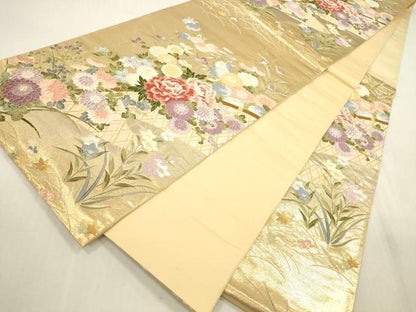 平和屋本店▼六通柄袋帯　唐織　光悦垣草花文　本金箔　正絹　逸品　DABH0952op