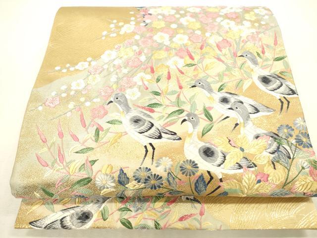 平和屋本店▼本加賀友禅作家　百貫華峰　六通柄袋帯　唐織　花鳥文　枝梅　純金箔　正絹　逸品　DABH0953op