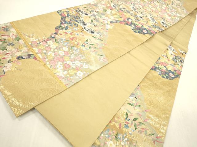 平和屋本店▼本加賀友禅作家　百貫華峰　六通柄袋帯　唐織　花鳥文　枝梅　純金箔　正絹　逸品　DABH0953op