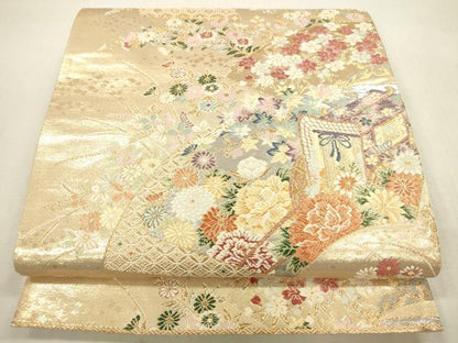 平和屋本店▼六通柄袋帯　唐織　瑞鳥花扇面紋　本金二重箔　正絹　逸品　DABH0955op