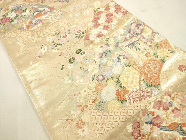 平和屋本店▼六通柄袋帯　唐織　瑞鳥花扇面紋　本金二重箔　正絹　逸品　DABH0955op