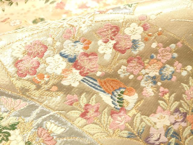 平和屋本店▼六通柄袋帯　唐織　瑞鳥花扇面紋　本金二重箔　正絹　逸品　DABH0955op