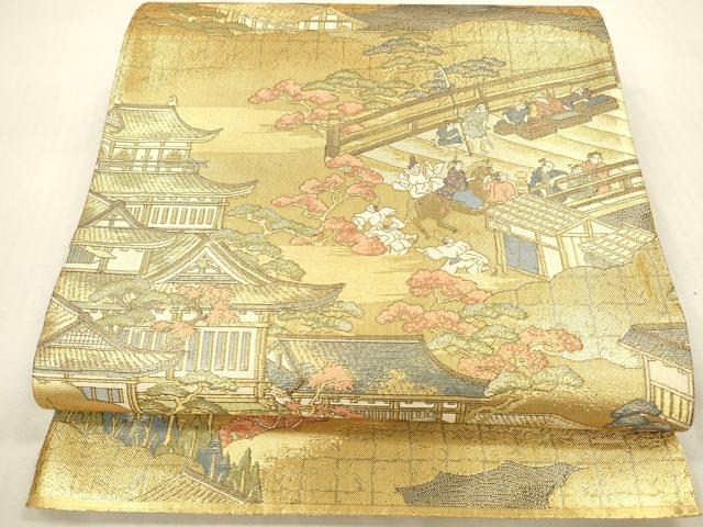 平和屋本店▼西陣　岡文織物謹製　六通柄袋帯　二条城天守　舟木家　本金箔　証紙付き　正絹　逸品　DABH0960op