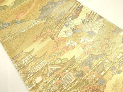 平和屋本店▼西陣　岡文織物謹製　六通柄袋帯　二条城天守　舟木家　本金箔　証紙付き　正絹　逸品　DABH0960op