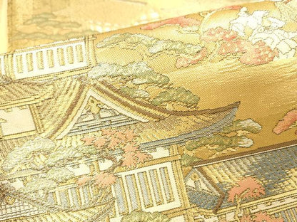 平和屋本店▼西陣　岡文織物謹製　六通柄袋帯　二条城天守　舟木家　本金箔　証紙付き　正絹　逸品　DABH0960op