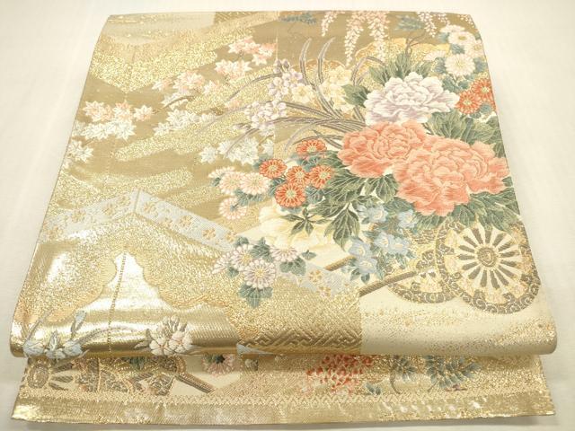 平和屋本店▼六通柄袋帯　唐織　屏風花車文　本金箔　正絹　逸品　DABH0977op