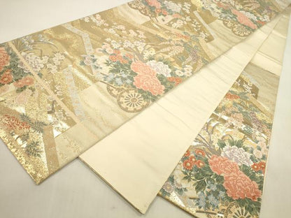 平和屋本店▼六通柄袋帯　唐織　屏風花車文　本金箔　正絹　逸品　DABH0977op