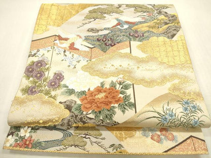 平和屋本店▼六通柄袋帯　唐織　桃山屏風扇面文　本金箔　正絹　逸品　DABH0987op