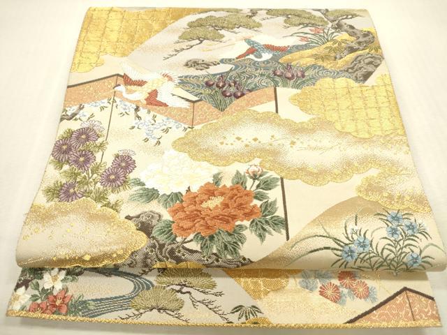 平和屋本店▼六通柄袋帯　唐織　桃山屏風扇面文　本金箔　正絹　逸品　DABH0987op