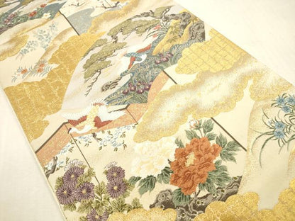平和屋本店▼六通柄袋帯　唐織　桃山屏風扇面文　本金箔　正絹　逸品　DABH0987op