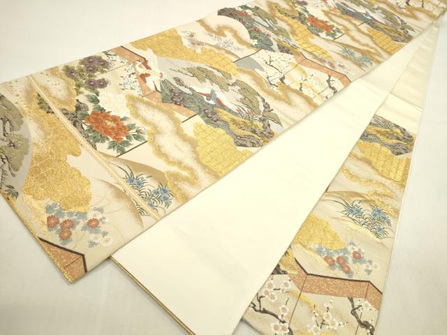 平和屋本店▼六通柄袋帯　唐織　桃山屏風扇面文　本金箔　正絹　逸品　DABH0987op