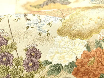 平和屋本店▼六通柄袋帯　唐織　桃山屏風扇面文　本金箔　正絹　逸品　DABH0987op