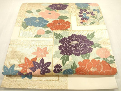 平和屋本店▼六通柄袋帯　唐織　草花　はくば錦24K　正絹　逸品　DABH0989op