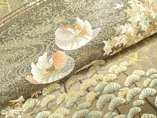 平和屋本店▼六通柄袋帯　唐織　鴛鴦風景花文　九百錦　本金貮重箔　正絹　逸品　DABH0992op