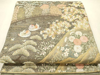 平和屋本店▼六通柄袋帯　唐織　鴛鴦風景花文　九百錦　本金貮重箔　正絹　逸品　DABH0992op