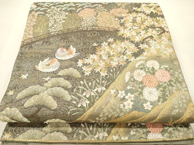 平和屋本店▼六通柄袋帯　唐織　鴛鴦風景花文　九百錦　本金貮重箔　正絹　逸品　DABH0992op