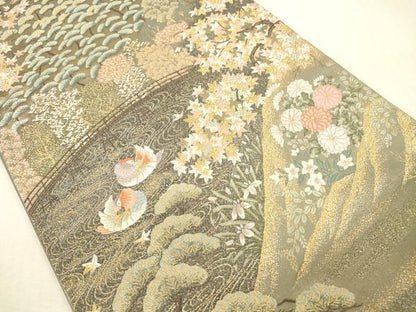 平和屋本店▼六通柄袋帯　唐織　鴛鴦風景花文　九百錦　本金貮重箔　正絹　逸品　DABH0992op
