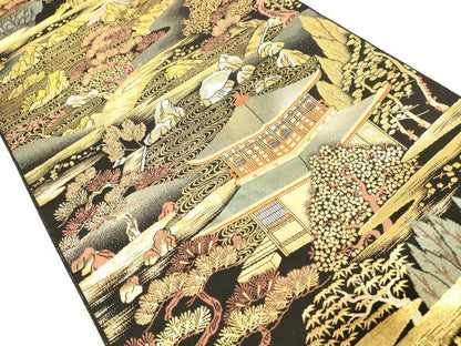 平和屋本店▼六通柄袋帯　洛東名園　手織二重箔　純金箔　黒地　正絹　逸品　DABH0993op
