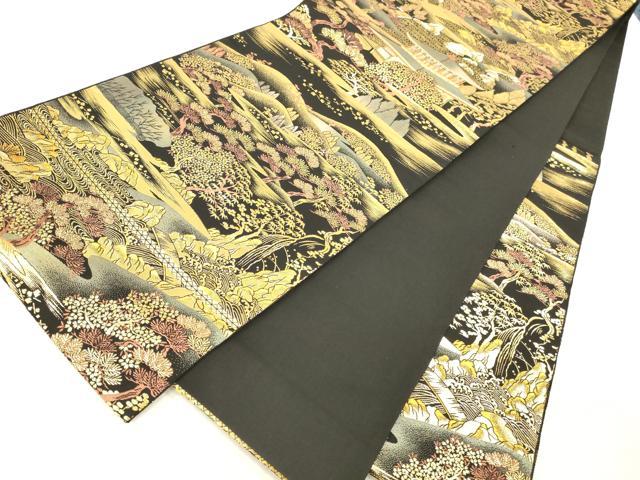 平和屋本店▼六通柄袋帯　洛東名園　手織二重箔　純金箔　黒地　正絹　逸品　DABH0993op