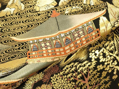 平和屋本店▼六通柄袋帯　洛東名園　手織二重箔　純金箔　黒地　正絹　逸品　DABH0993op