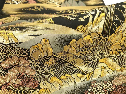 平和屋本店▼六通柄袋帯　洛東名園　手織二重箔　純金箔　黒地　正絹　逸品　DABH0993op