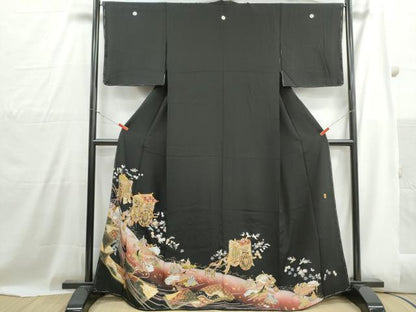 平和屋着物■豪華黒留袖　作家物　駒刺繍　飛鶴人物御所車文　暈し染め　金彩　正絹　逸品　DABH1017qa