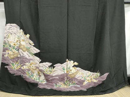 平和屋着物■豪華黒留袖　友禅　立波花文　掛船　仮絵羽　正絹　逸品　未使用　DABH1042qa
