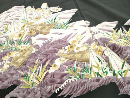 平和屋着物■豪華黒留袖　友禅　立波花文　掛船　仮絵羽　正絹　逸品　未使用　DABH1042qa