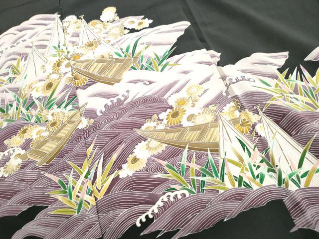 平和屋着物■豪華黒留袖　友禅　立波花文　掛船　仮絵羽　正絹　逸品　未使用　DABH1042qa