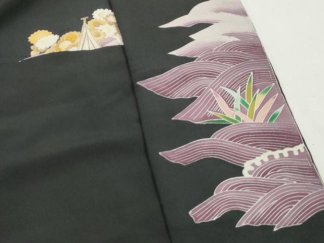 平和屋着物■豪華黒留袖　友禅　立波花文　掛船　仮絵羽　正絹　逸品　未使用　DABH1042qa