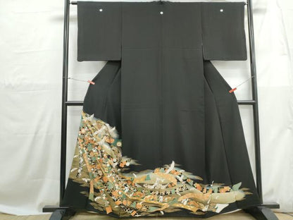 平和屋着物■豪華黒留袖　駒刺繍　鬘帯飛鶴花文　暈し染め　金彩　正絹　逸品　DABH1066qa