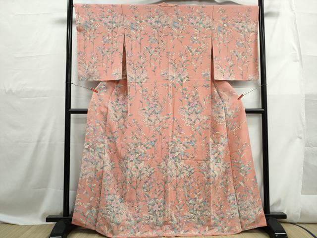 平和屋着物■上質な紬　草花文　鬼しぼ縮緬　正絹　逸品　DABH1068qa
