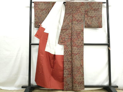 平和屋着物■上質な小紋　紬地　切嵌亀甲花文　正絹　逸品　DABH1104qa