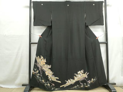 平和屋着物■豪華黒留袖　駒刺繍　檜扇菊文　金彩　正絹　逸品　DABH1115qa