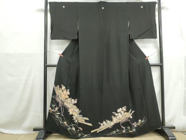 平和屋着物■豪華黒留袖　駒刺繍　檜扇菊文　金彩　正絹　逸品　DABH1115qa