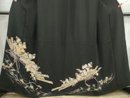 平和屋着物■豪華黒留袖　駒刺繍　檜扇菊文　金彩　正絹　逸品　DABH1115qa
