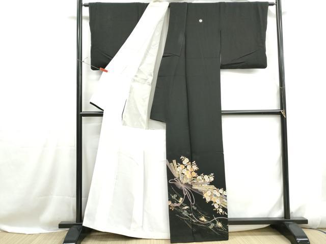平和屋着物□豪華黒留袖 駒刺繍 檜扇菊文 金彩 正絹 逸品