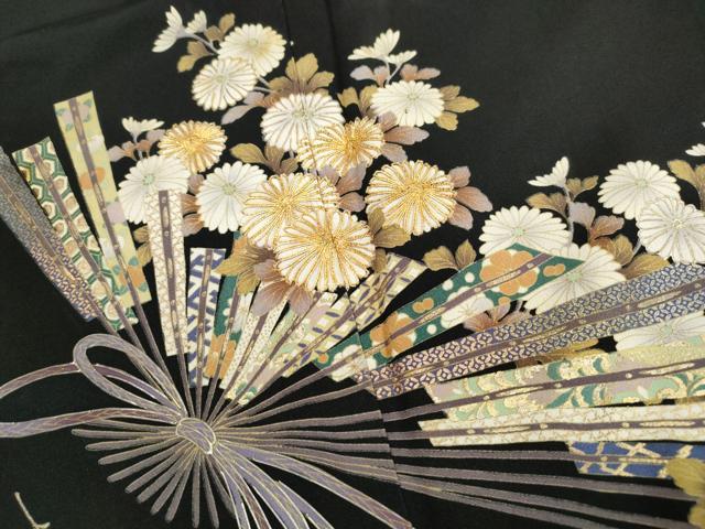 平和屋着物■豪華黒留袖　駒刺繍　檜扇菊文　金彩　正絹　逸品　DABH1115qa