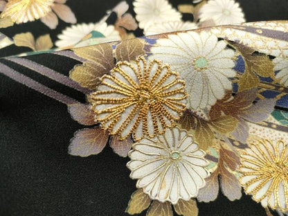 平和屋着物■豪華黒留袖　駒刺繍　檜扇菊文　金彩　正絹　逸品　DABH1115qa