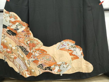 平和屋着物■豪華黒留袖　飛鶴檜扇花文　金彩　正絹　逸品　DABH1122qa