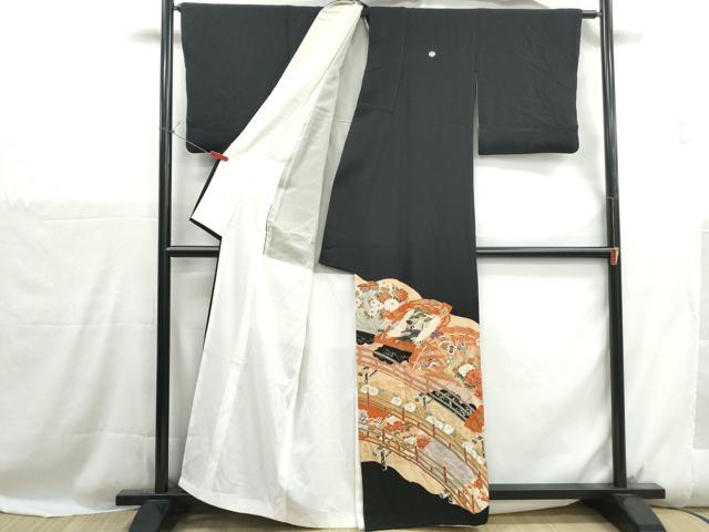 平和屋着物■豪華黒留袖　飛鶴檜扇花文　金彩　正絹　逸品　DABH1122qa