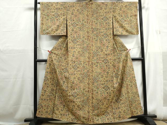 平和屋着物■上質な小紋　紬地　切嵌花文　正絹　逸品　DABH1194qa