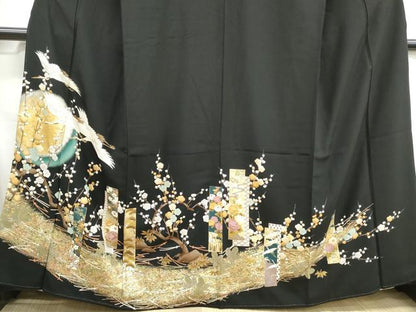 平和屋着物■豪華黒留袖　刺繍　飛鶴枝梅文　金銀彩　正絹　逸品　DABH1238qa