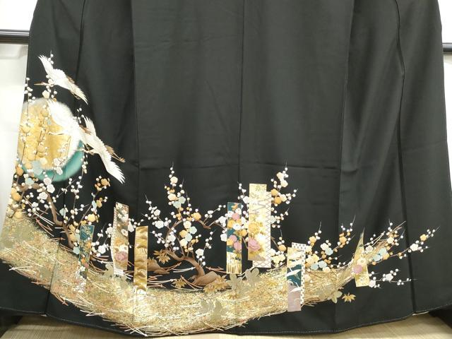 平和屋着物■豪華黒留袖　刺繍　飛鶴枝梅文　金銀彩　正絹　逸品　DABH1238qa