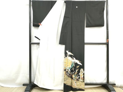平和屋着物■豪華黒留袖　刺繍　飛鶴枝梅文　金銀彩　正絹　逸品　DABH1238qa
