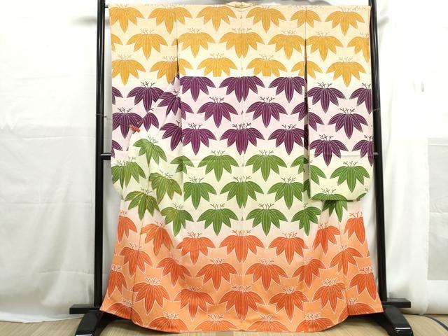 平和屋着物■豪華振袖　駒刺繍　笹の葉文　暈し染め　正絹　逸品　DABH1241qa