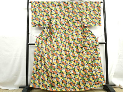 平和屋着物■上質な小紋　扇面尽くし文　金彩　鬼しぼ縮緬　正絹　逸品　DABH1286qa