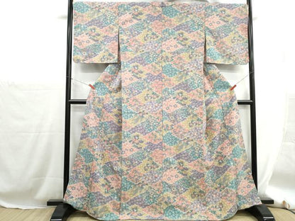 平和屋着物■小紋　型染め　松皮菱草花文　洗える着物　DABH1291qa